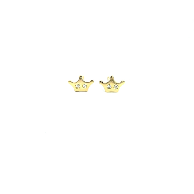 18CT YELLOW GOLD CROWN SHAPED STUD EARRINGS MUSTACE SET BRILLIANT CUT DIAMONDS