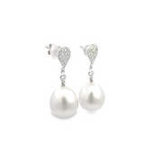 DROP EARRINGS 18CT WHITE GOLD WHITE SOUTH SEA PEARLS AND BRILLIANT CUT DIAMONDS HAND MADE
