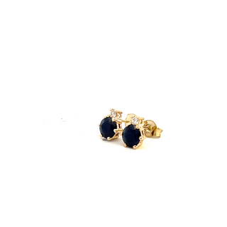 STUD EARRINGS 9CT YELLOW GOLD BRILLIANT CUT DIAMONDS AND BLUE SAPPHIRES CLAW SET HAND CRAFTED